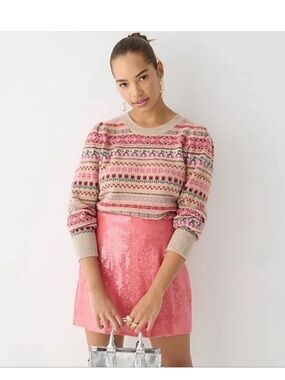 J. Crew Puff-sleeve Cherry Fair Isle Crewneck Sweater Size Small girly dainty
